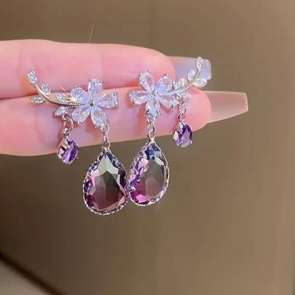 Mosicic purple cubic zirconia Drop post  earrings